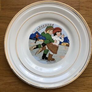 Vintage Ceranord France Semi Porcelain Dessert Plate - December Decembre Skating
